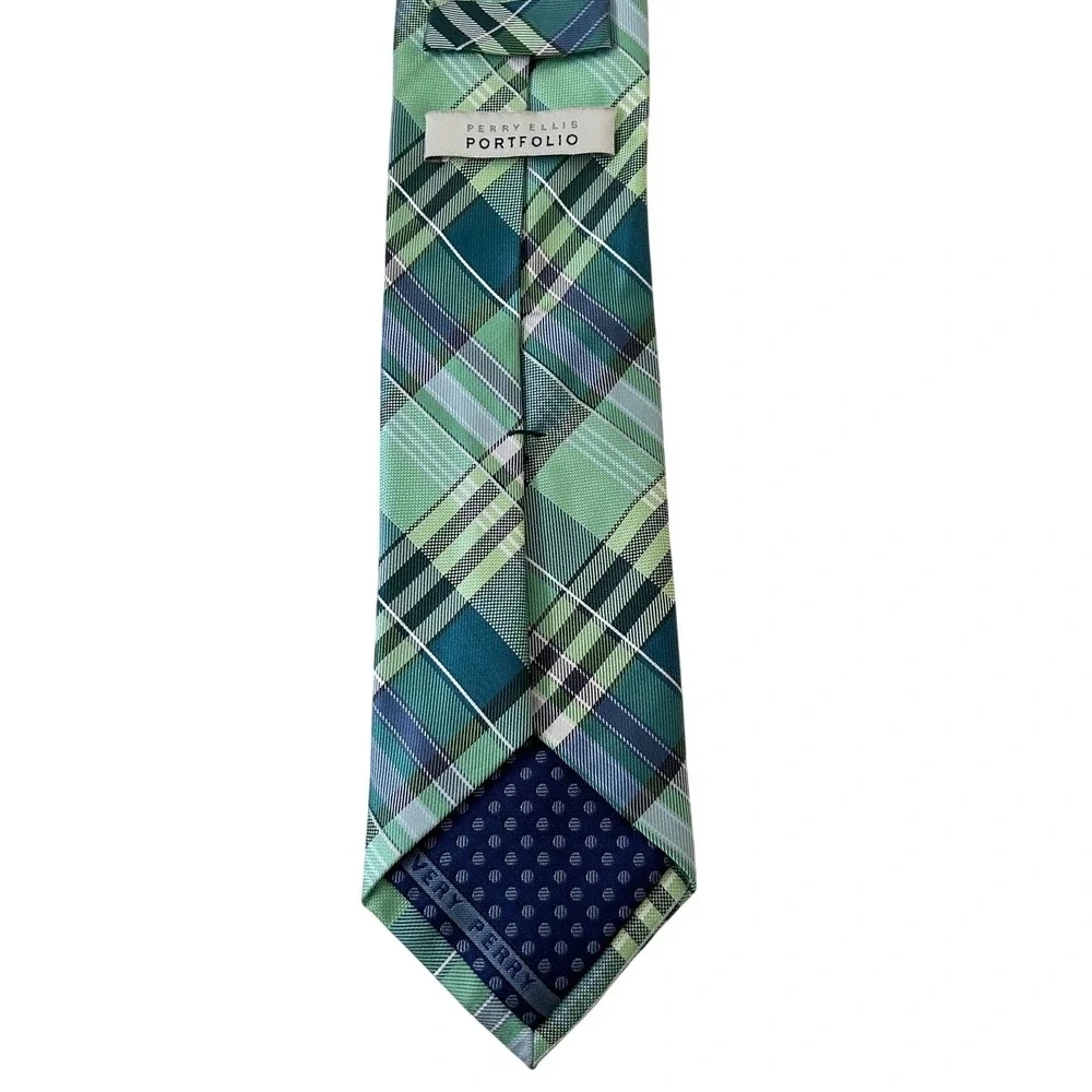 Perry Ellis Portfolio‎ Green Plaid Necktie Business Formal Vintage Polka Dot